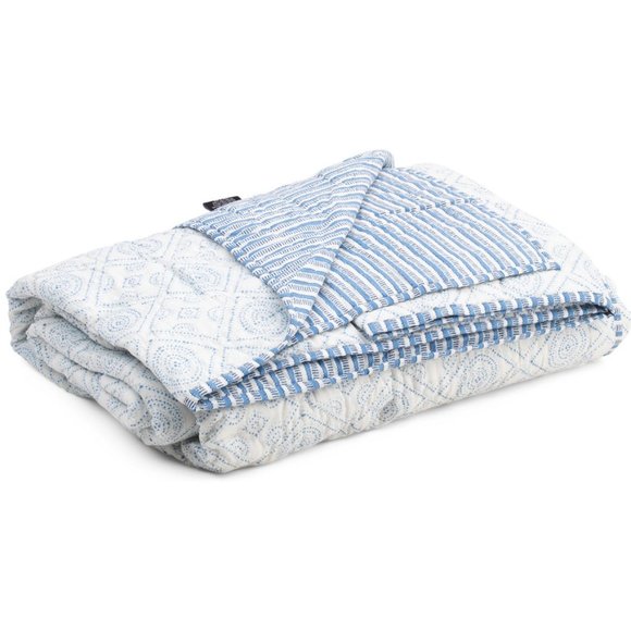 TAHARI Full/Queen Reversible Block Printed Quilt  Blue - Picture 5 of 9